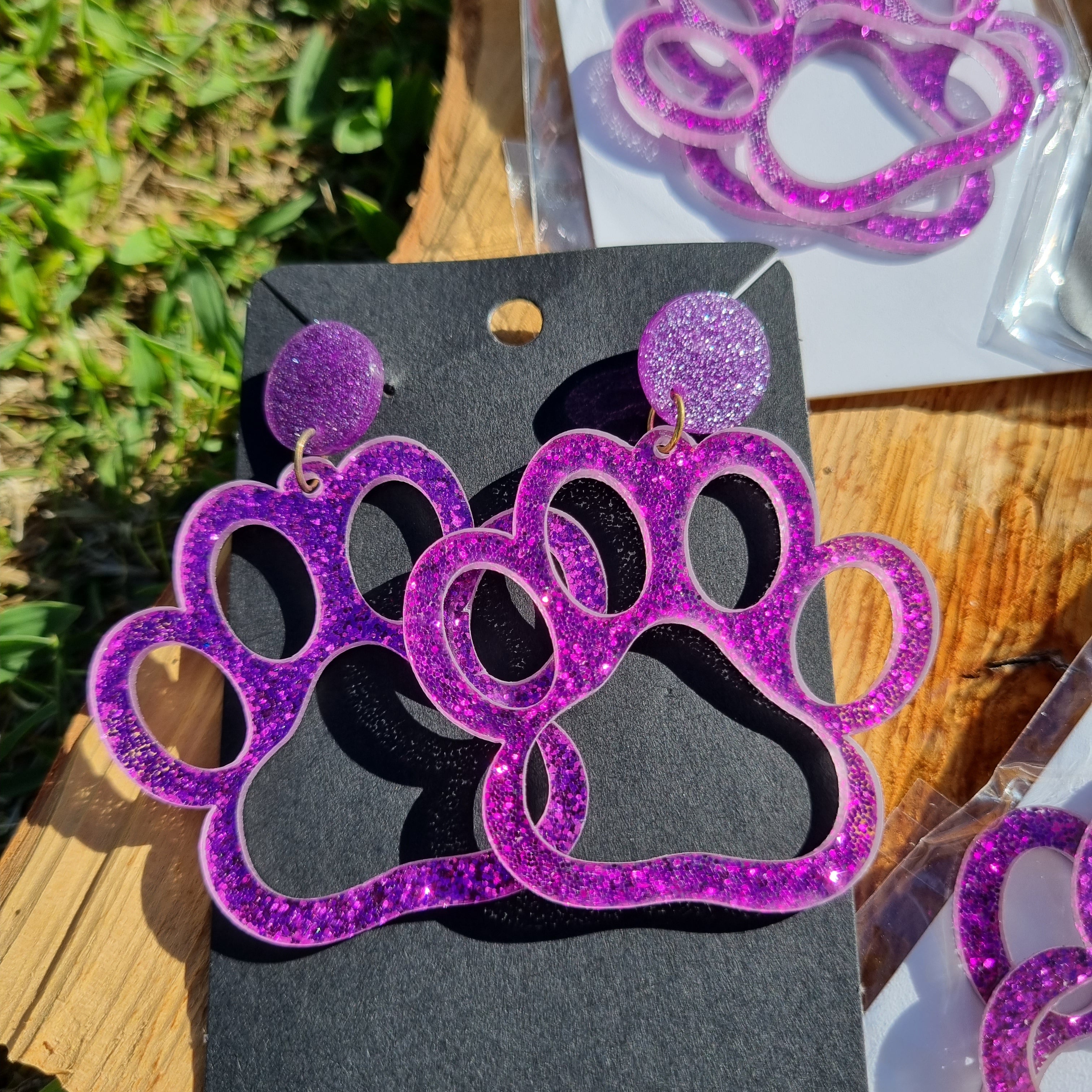 Paw Earrings - Pink Glitter