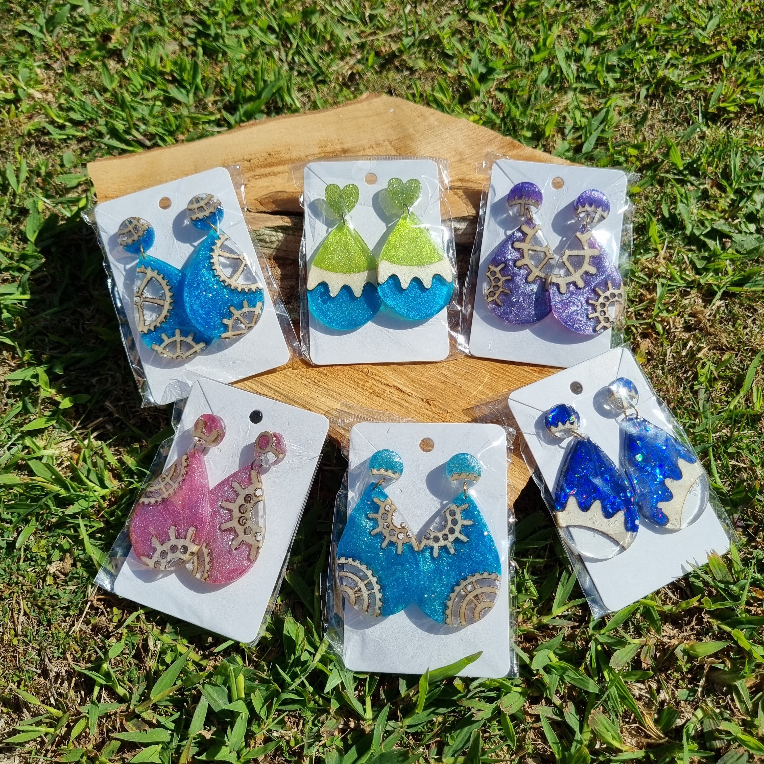 Wood and Resin Gearrings (earrings.... with gears...)