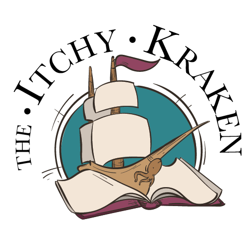 Logo of 'The Itchy Kraken - NZ books and gifts' with a ship rising out of an open book.
